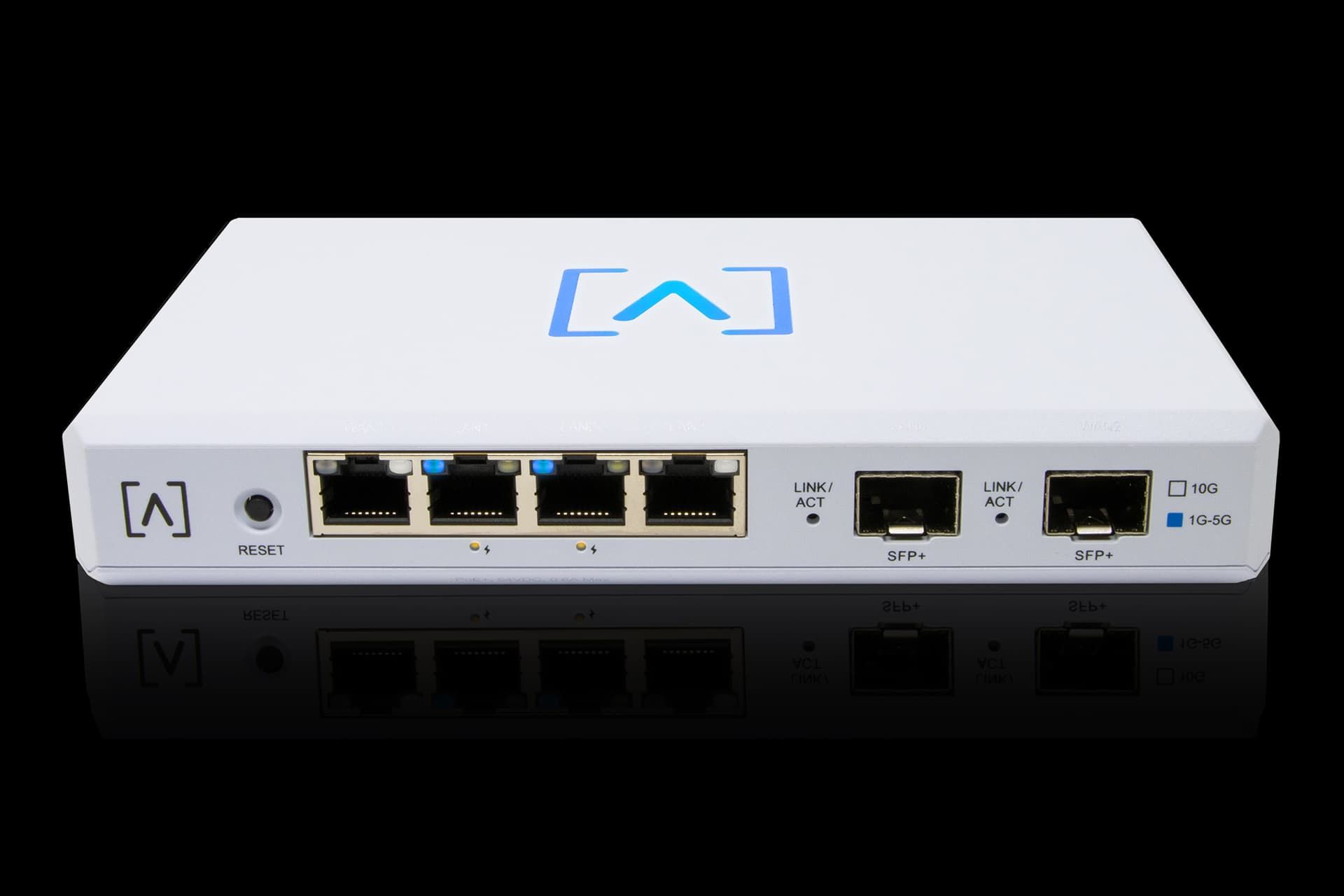White network router with blue logo and multiple Ethernet ports, black background.