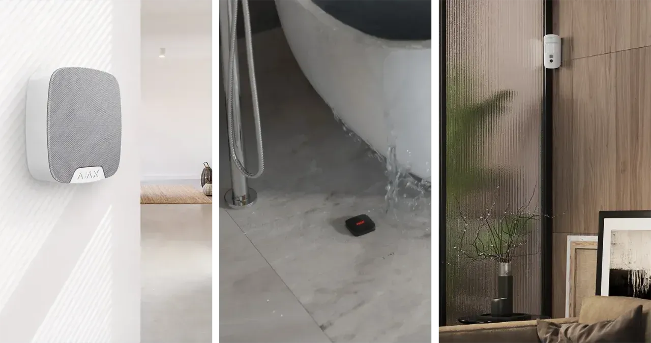 Three bathroom scenes: a gray towel dispenser, water spilling from a tub, and a security camera on wood paneling.