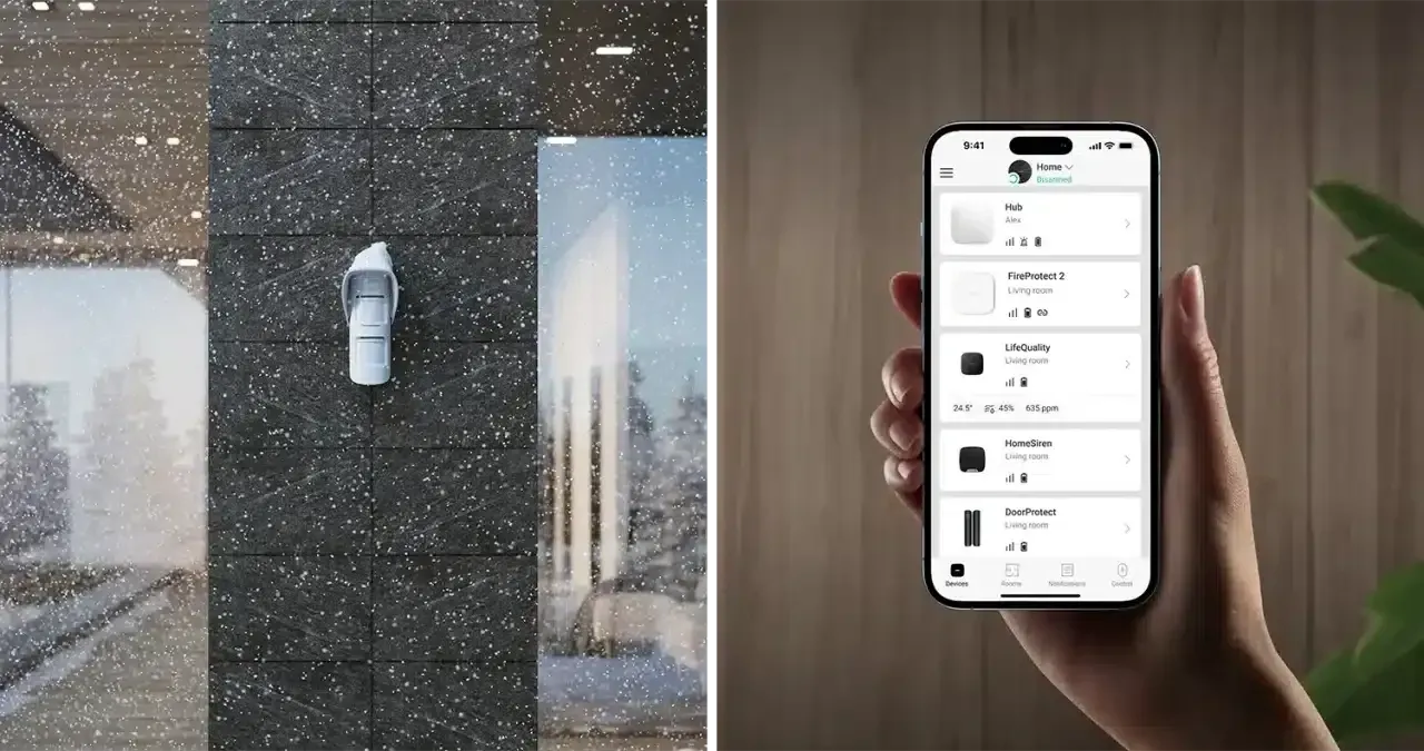 Left: A building exterior with a snowstorm and a mounted device. Right: A hand holding a smartphone displaying an online shopping app.