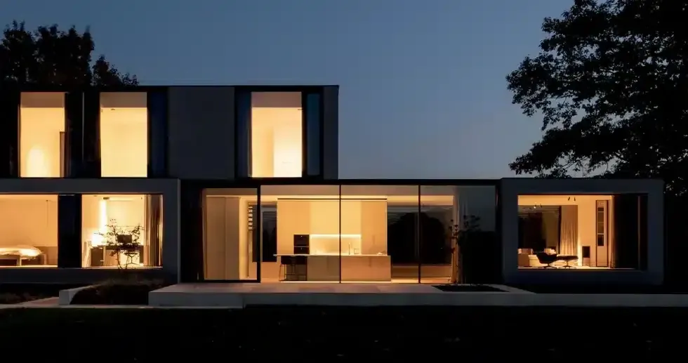 Modern two-story house at dusk, lit interior, large windows, dark surroundings.