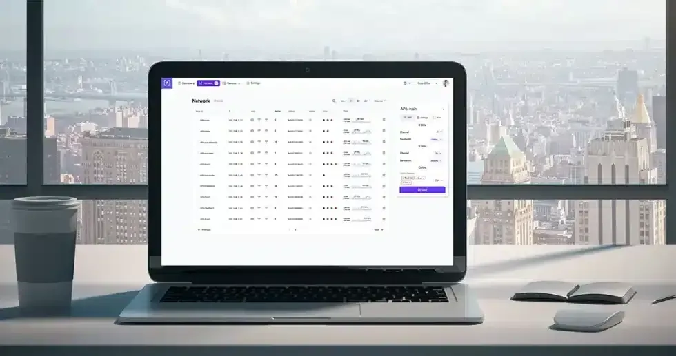 Laptop displaying a data table on a desk with a cityscape view.