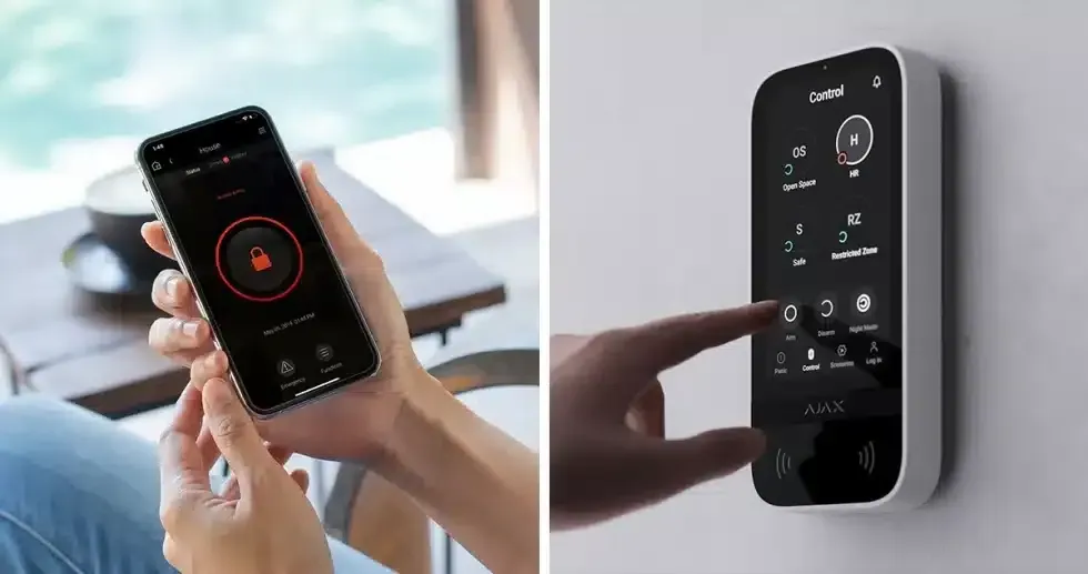 A person unlocking a door on a phone and a hand interacting with a wall-mounted smart home control panel.