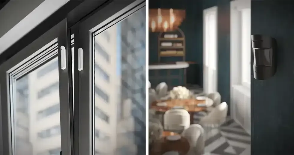 Window sensors and interior shot of a dining area, demonstrating home security technology.
