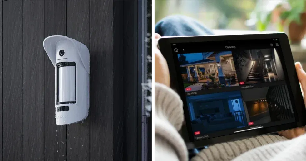 Security system: motion sensor on door and person watching security footage on tablet.