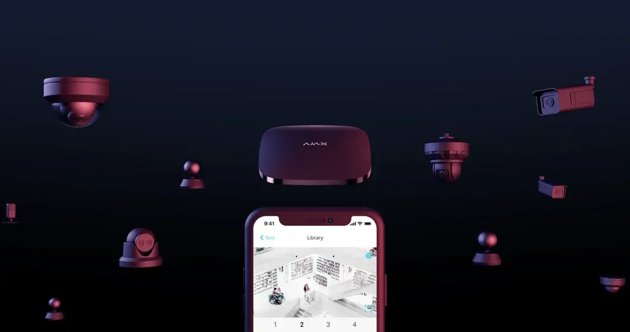 A smartphone displays security camera feeds, with a central device and floating camera icons against a dark background.