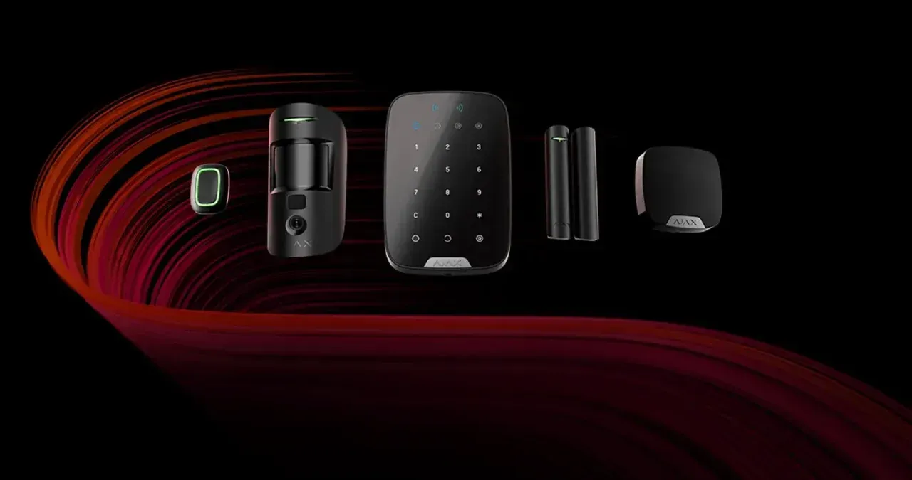 Security system components arranged against a black background with red streaks: door sensor, motion detector, keypad, two door/window sensors, and a hub.