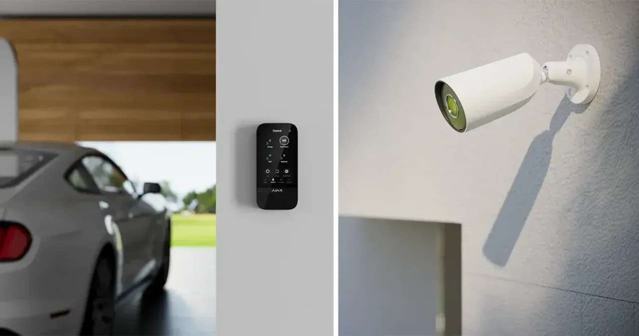 Garage and security camera: a white car next to a black remote panel on a white wall, and a white security camera.
