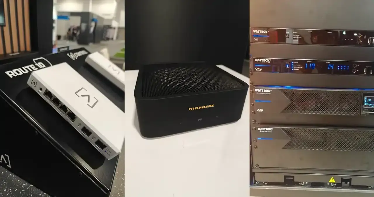 Network hardware display: white router, black router, server racks.