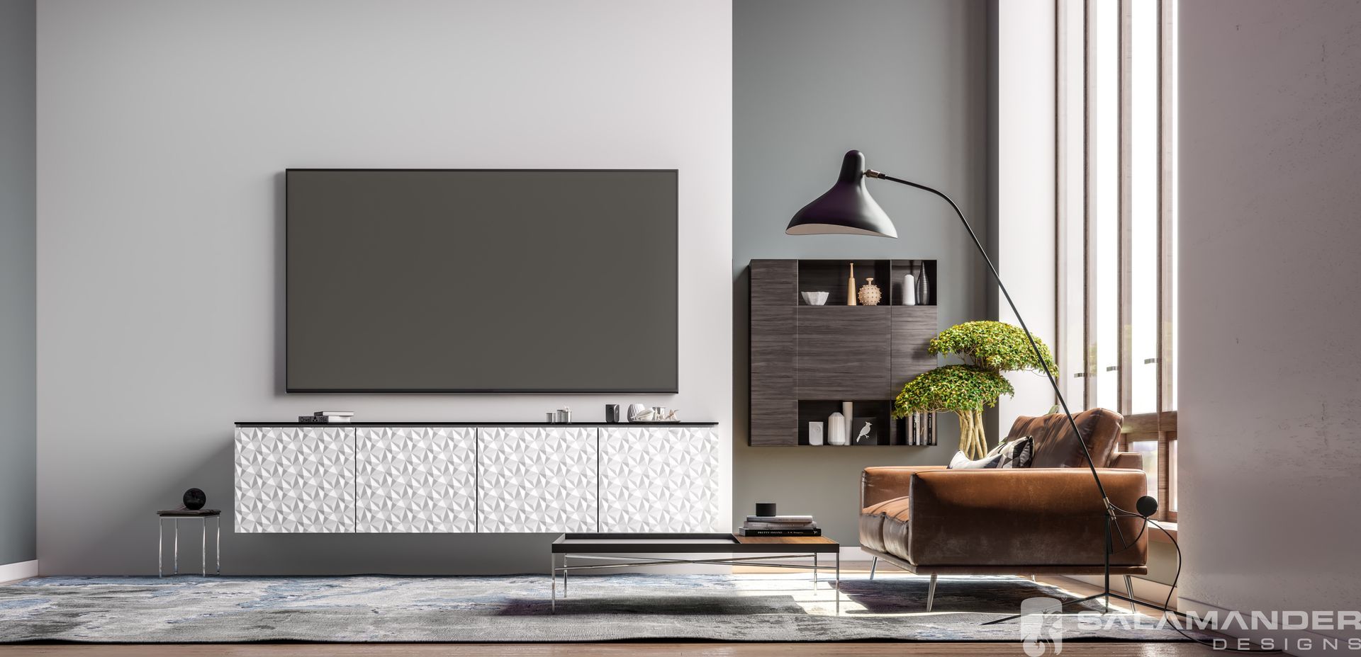 Contemporary living room with wall-mounted TV, designer console, and luxury seating installed by Rivas Technology Group.