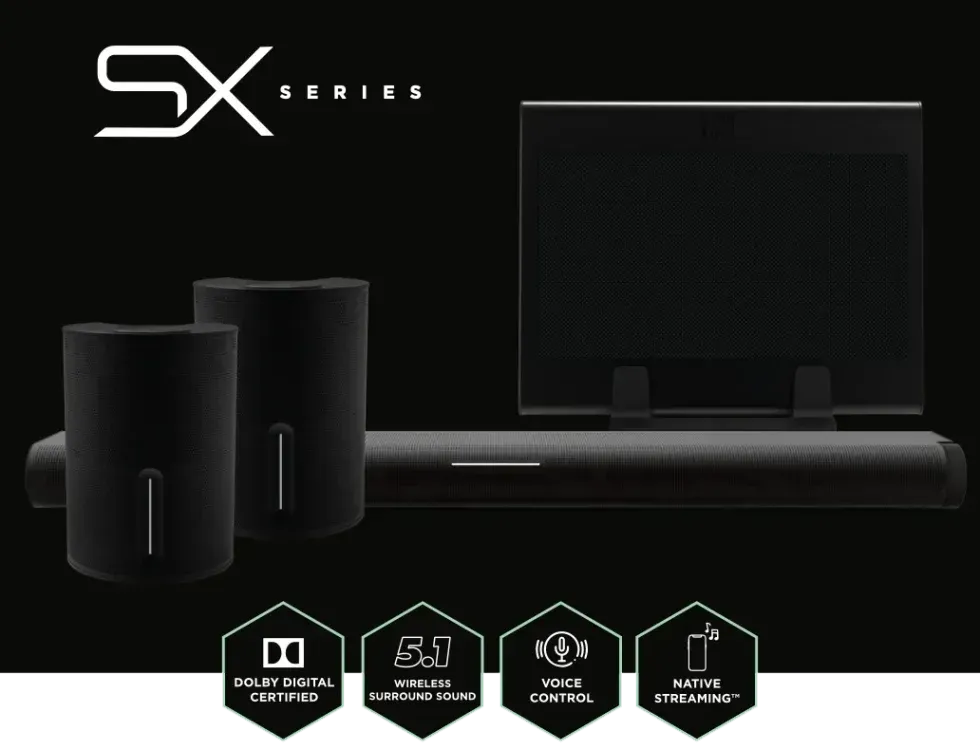Black SX Series sound system, including a soundbar, two speakers, and subwoofer, with icons for Dolby, 5.1, voice control, and streaming.