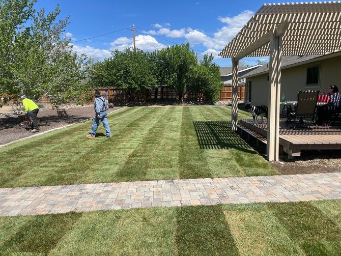 A man is rolling a roll of grass on the ground.