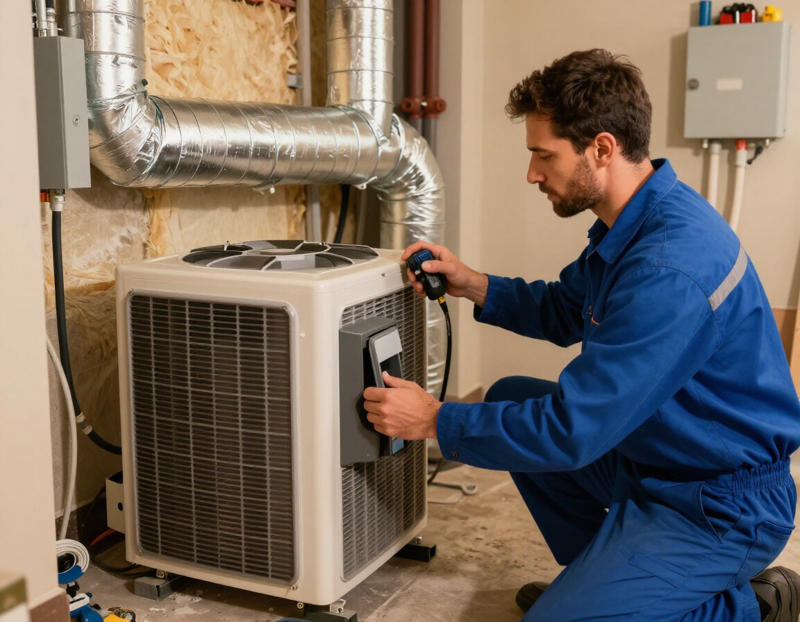 Technician installing a whole-home dehumidifier connected to HVAC ductwork in an Alabama home