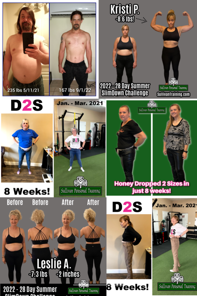 Before-and-after weight loss collage with progress photos and labels for multiple people.
