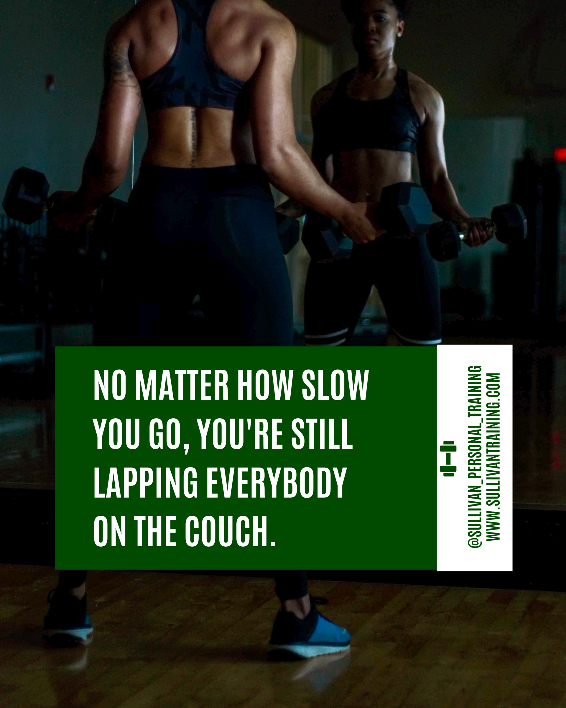 Two athletes lifting dumbbells in a gym, with a motivational quote overlay: 