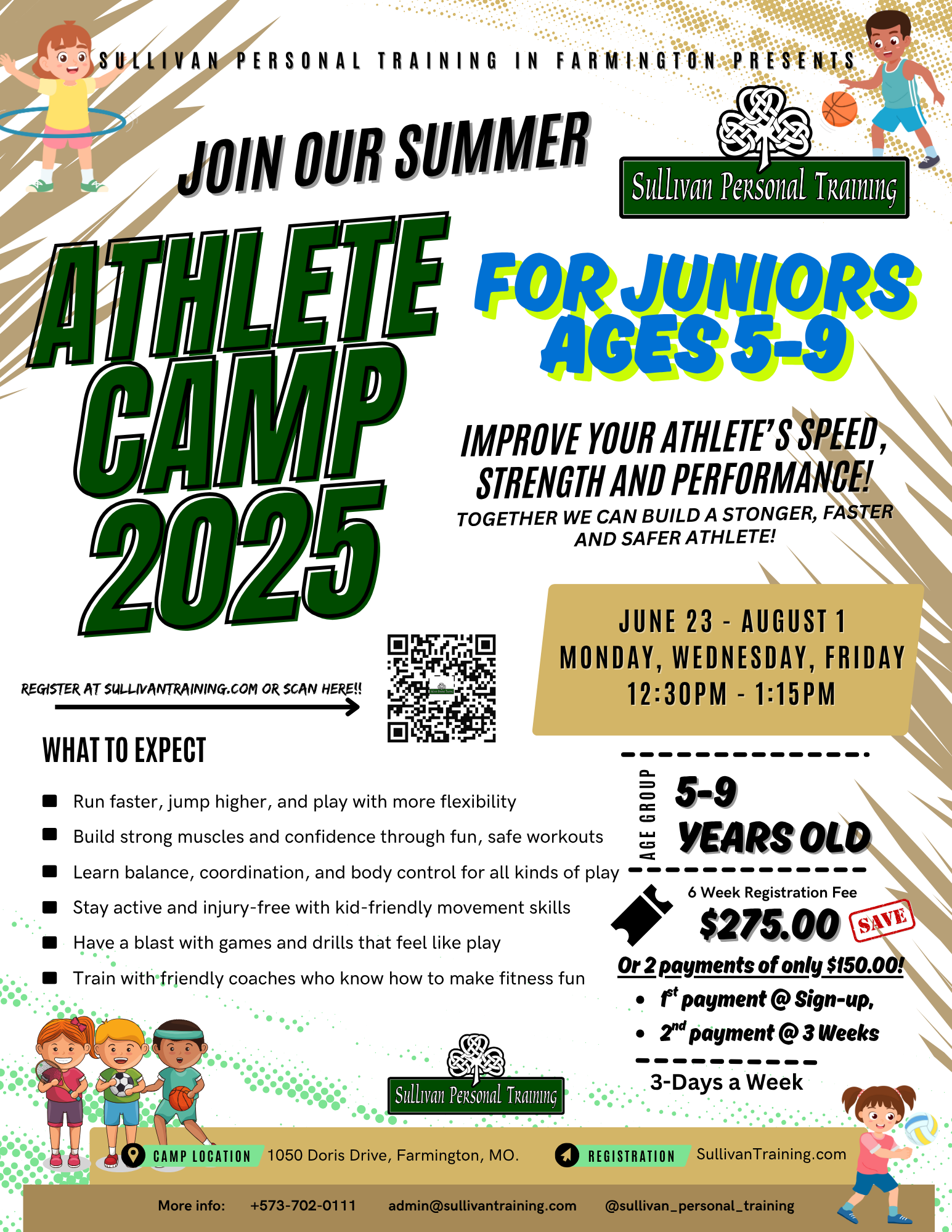Summer athlete camp flyer for juniors ages 5-9 with dates, registration details, and cartoon kids graphics.