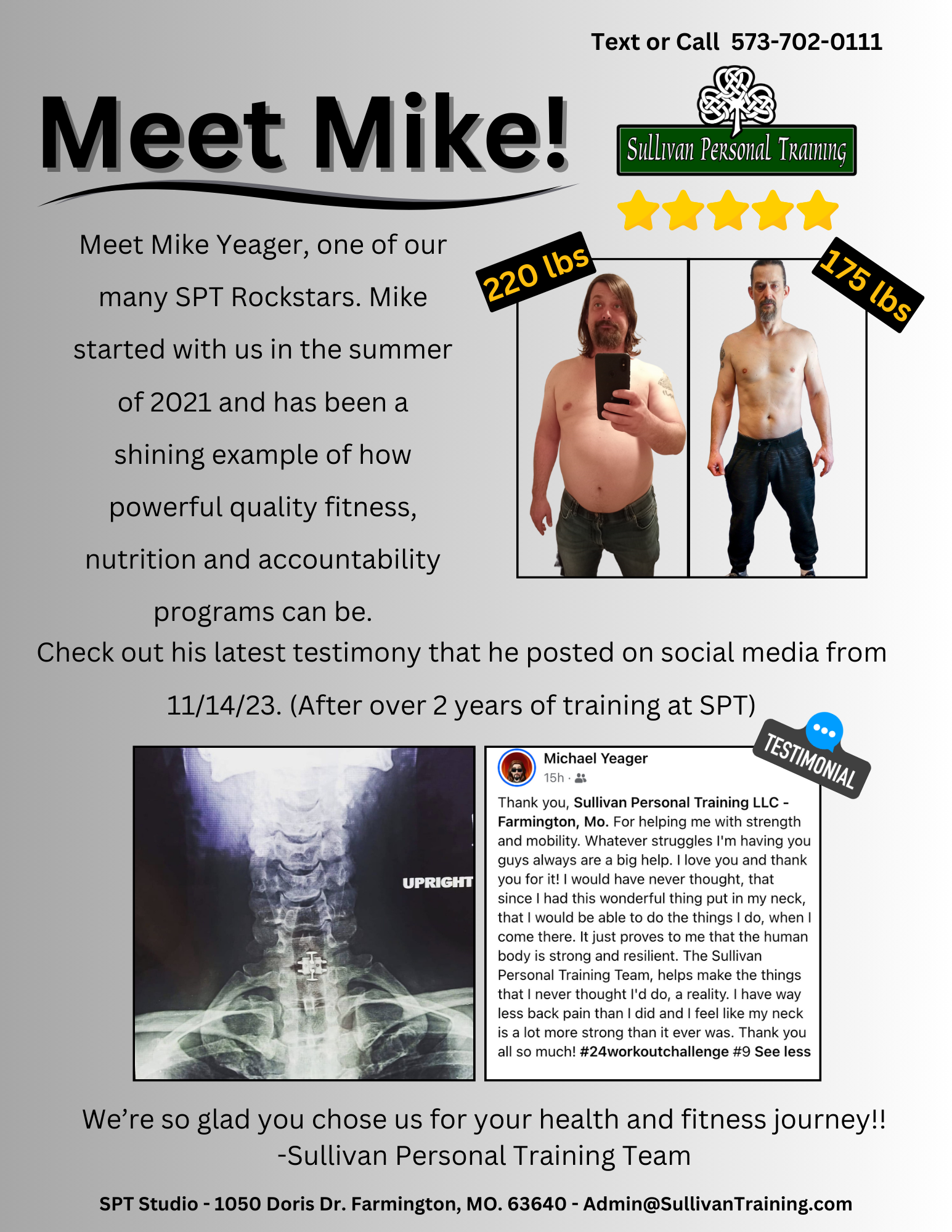 Promotional poster for “Meet Mike” with before-and-after fitness photos, 5-star review, and testimonial text.