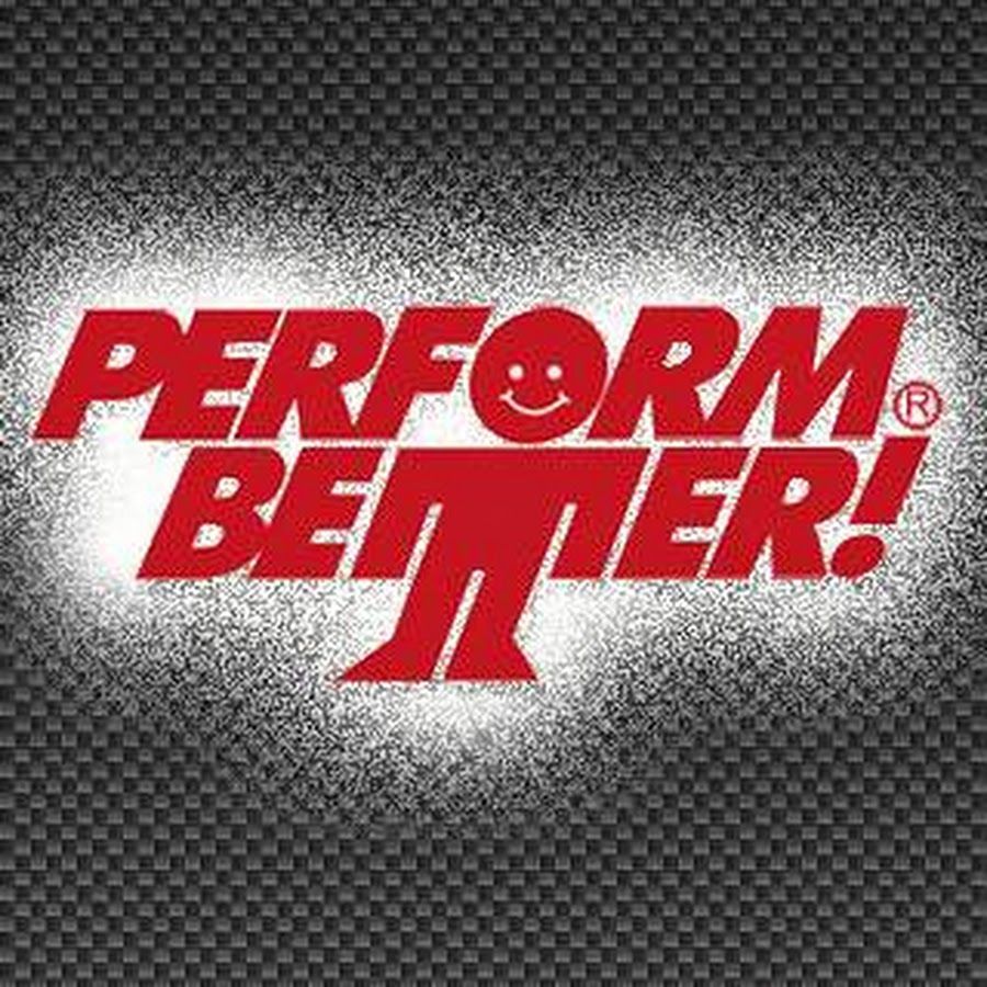Red logo reading “PERFORM BETTER!” with a smiley face in the O on a gray textured background