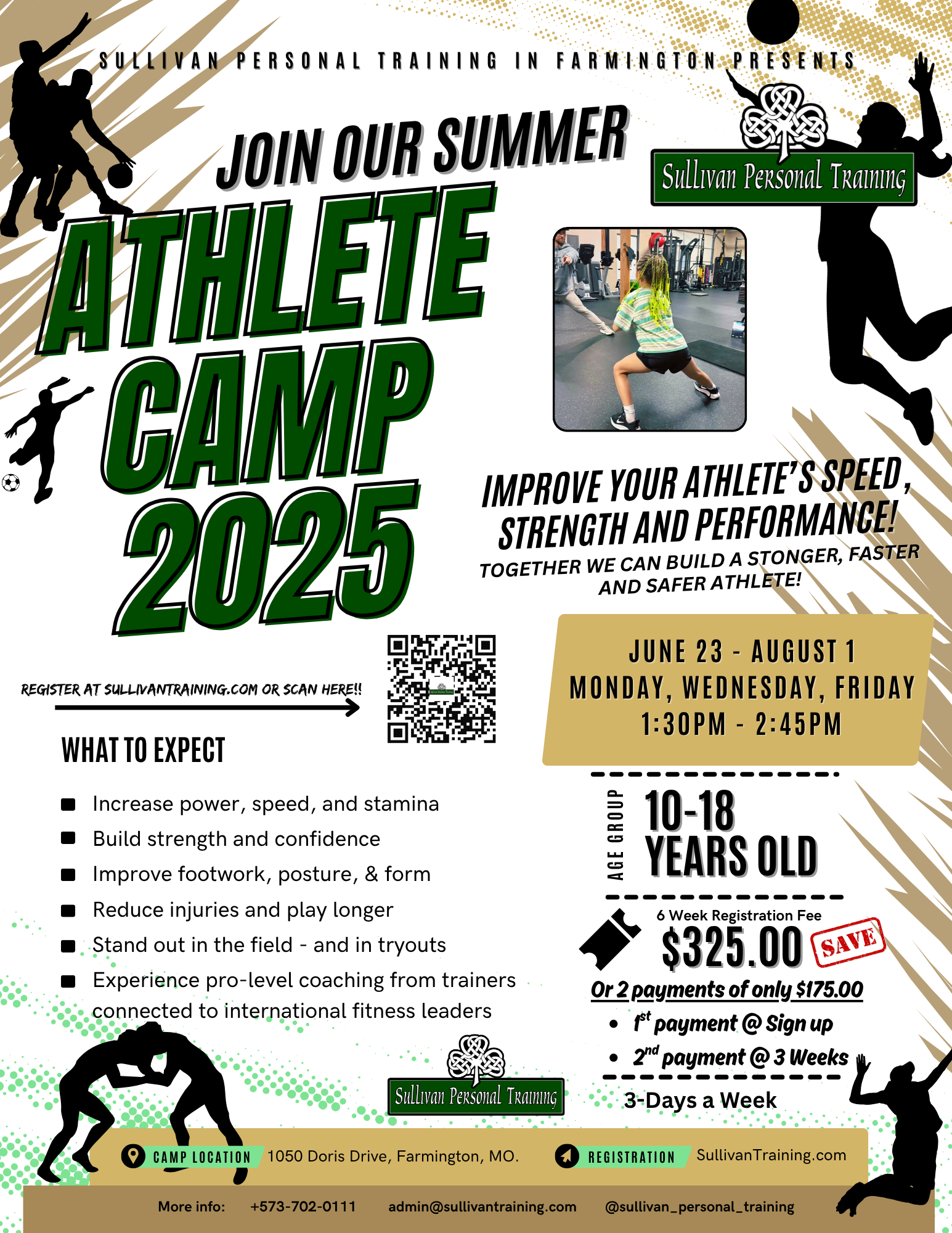 Summer athlete camp 2025 flyer with green/black graphics, athlete photo, dates, ages 10–18, and $325 fee