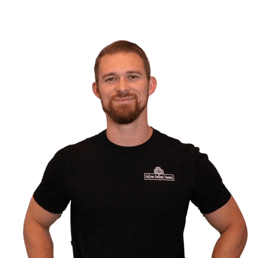 Smiling man in a black T-shirt standing against a white background