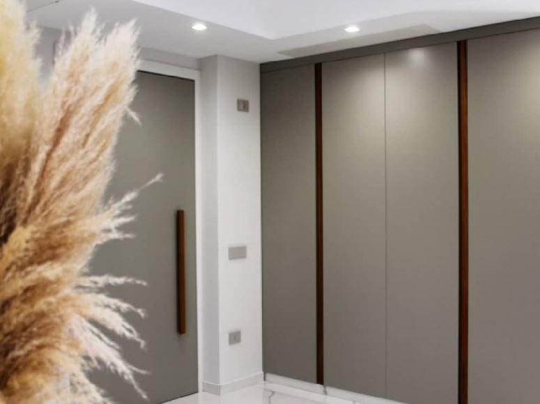 Una stanza moderna caratterizzata da una porta grigia e un armadio a muro coordinato con finiture in legno scuro, parzialmente nascosto dall'erba della pampa.