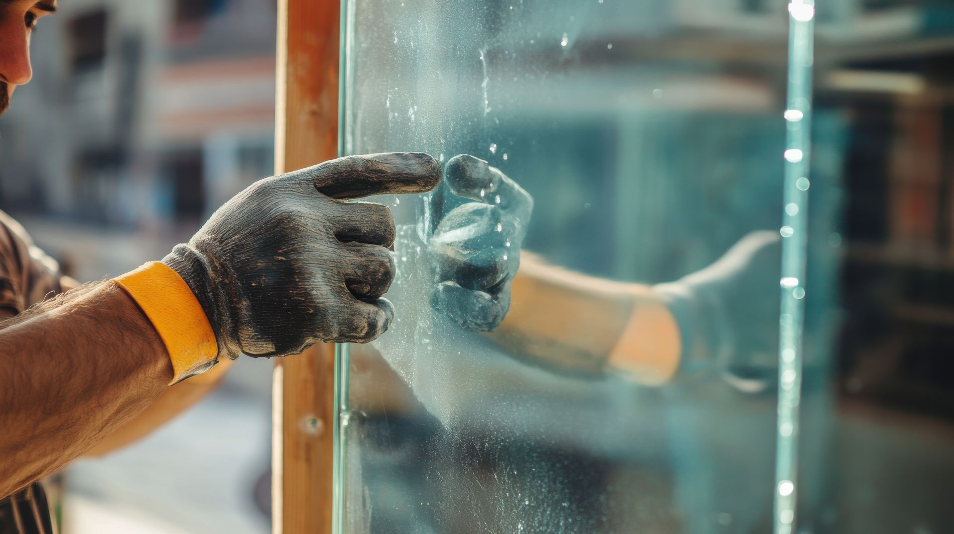 A gloved installer presses a large glass panel into place during commercial storefront glass work.