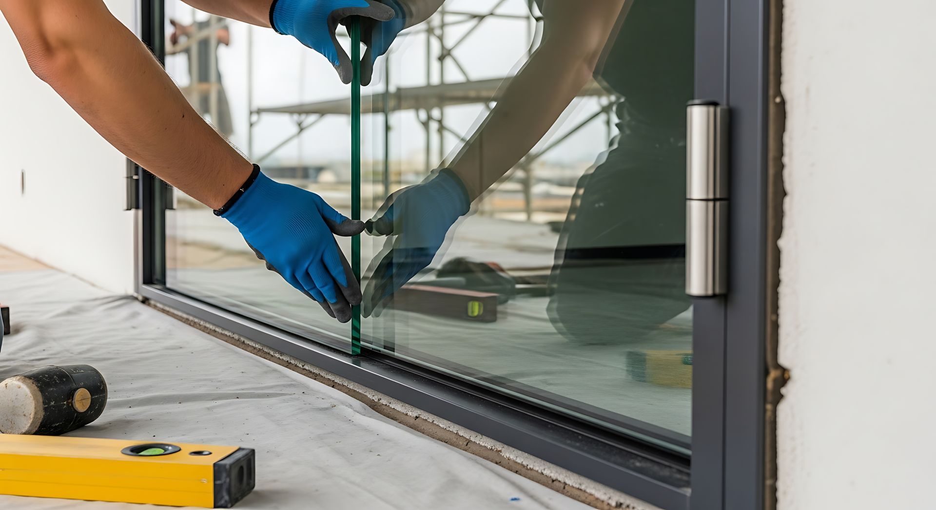 Close-up of window glass repair with worker fitting new glass pane into modern door frame.