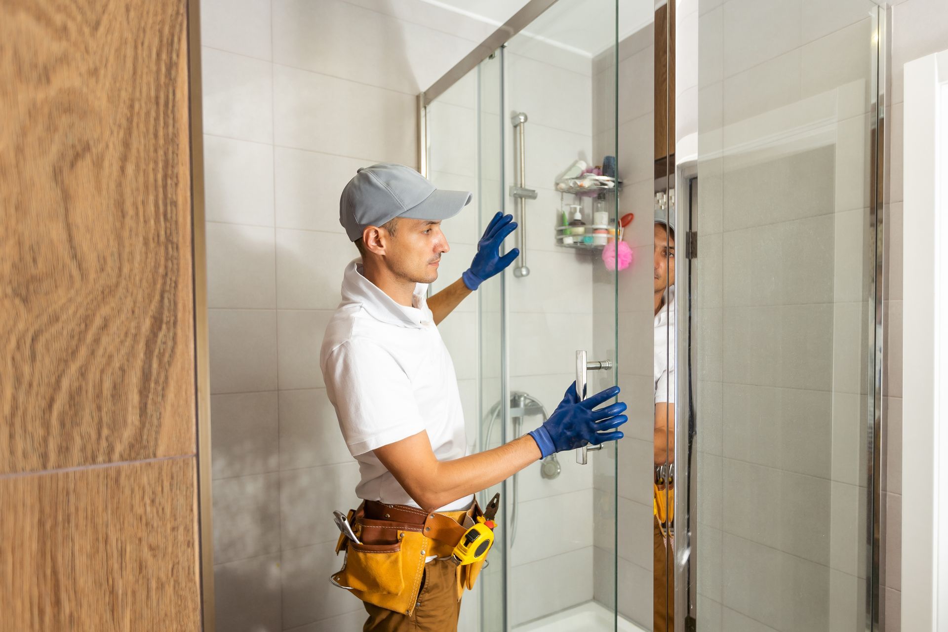 Skilled worker replacing glass shower door, ensuring precise fit and professional finish. Skilled worker replacing glass shower door, ensuring precise fit and professional finish.
