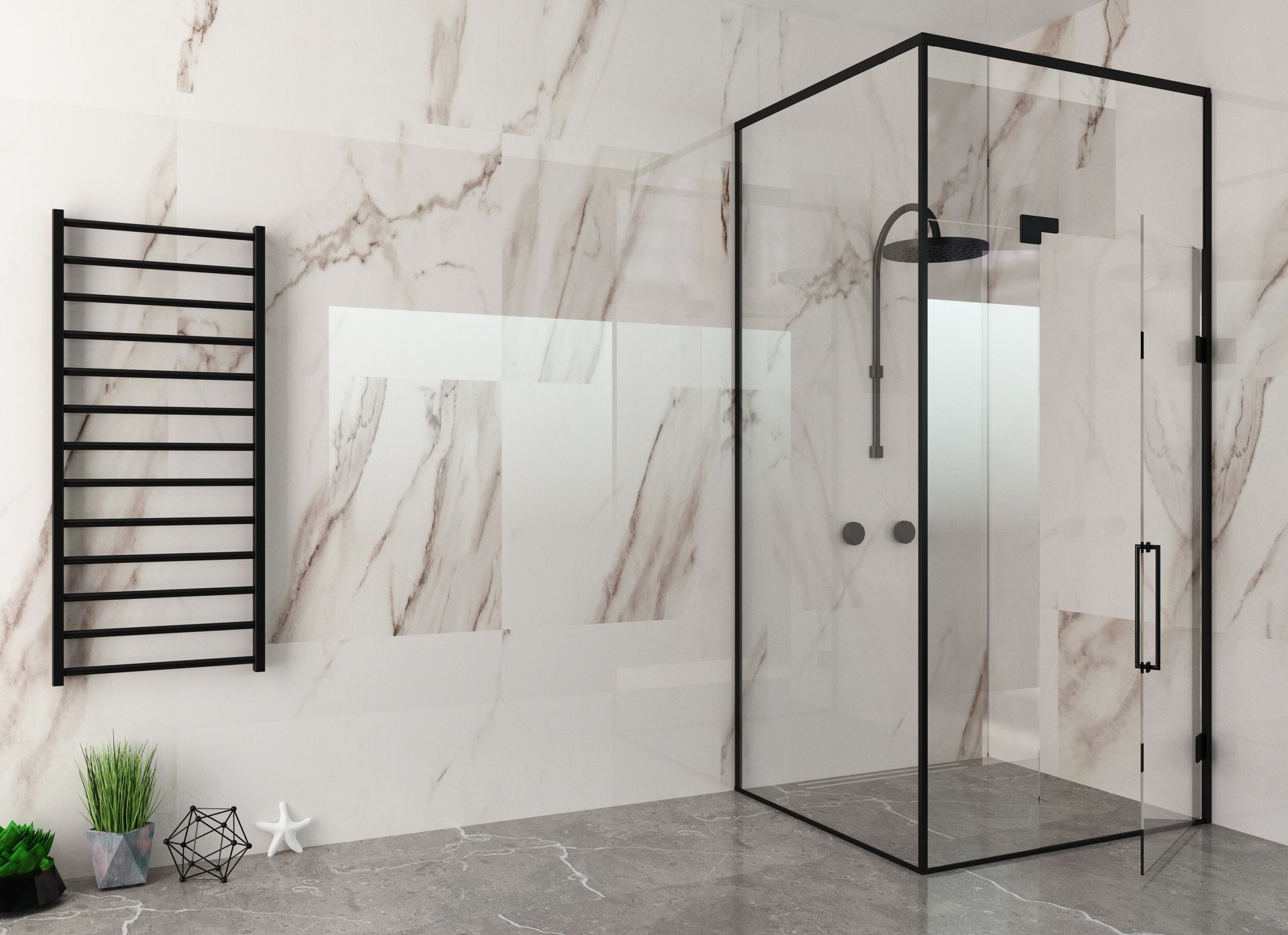 Frameless glass shower doors with sleek black framing in a modern marble bathroom.