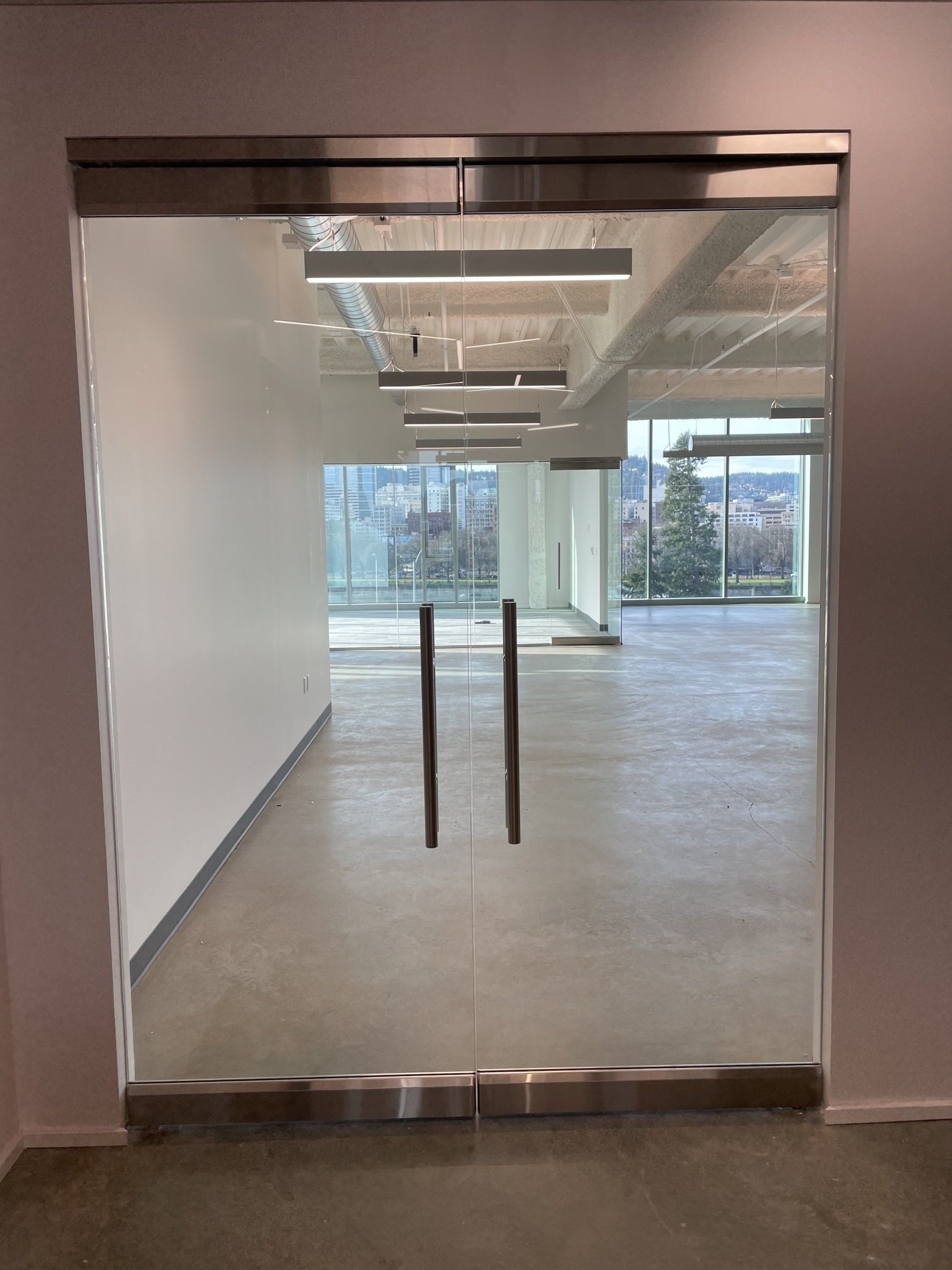 Double glass office doors with silver frames and vertical handles, opening into a modern, light-filled workspace.