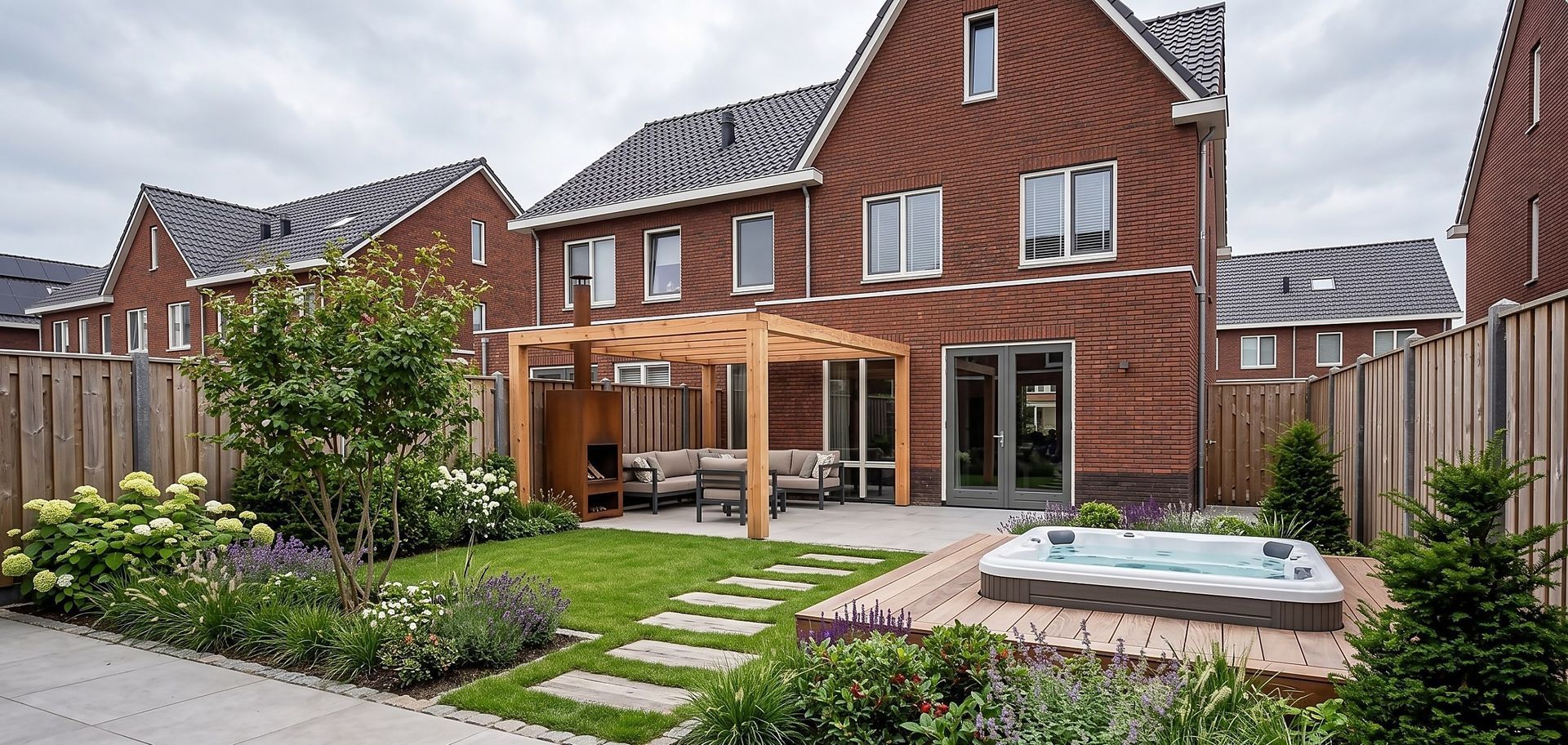 Tuin met een boom in open grond naast bestrating