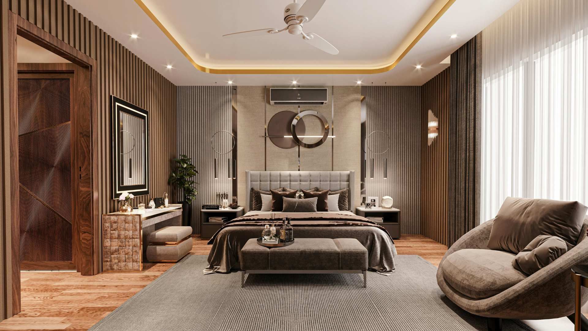 Elegant modern bedroom with gray tones, patterned carpet, and a large bed facing sheer curtains