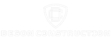 A white logo for Degon Construction featuring a shield icon with an intertwined "DC" monogram, against a black background.