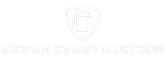 A white logo for Degon Construction featuring a shield icon with an intertwined "DC" monogram, against a black background.