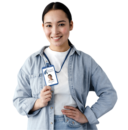Woman holding a personalized Photo ID Name Tag