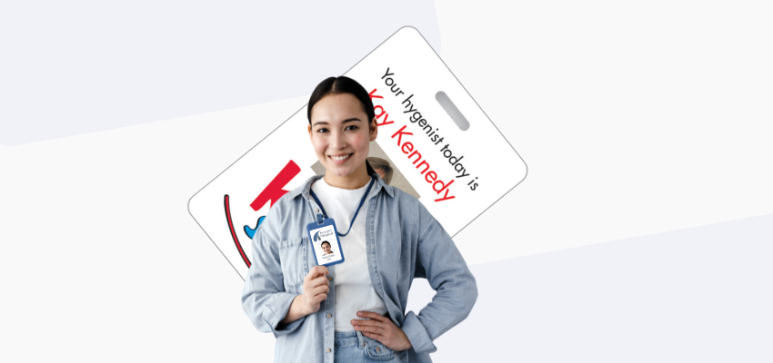 woman wearing a photo id name tag