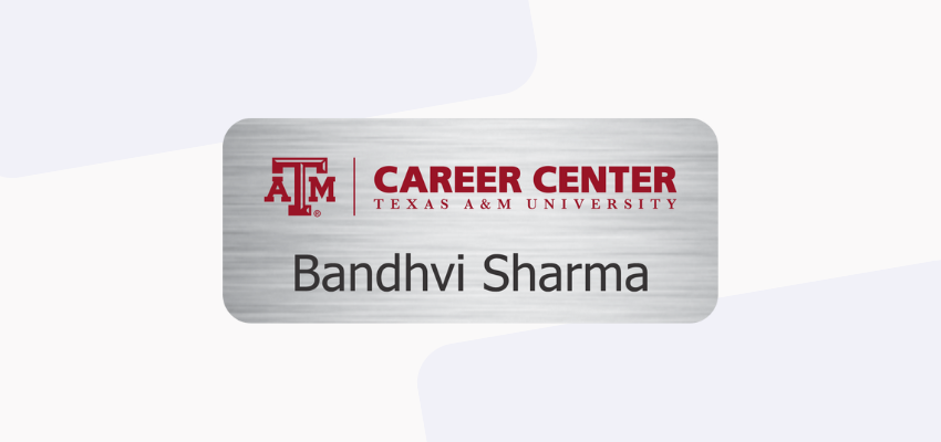 silver metal looking custom name tag design for employee