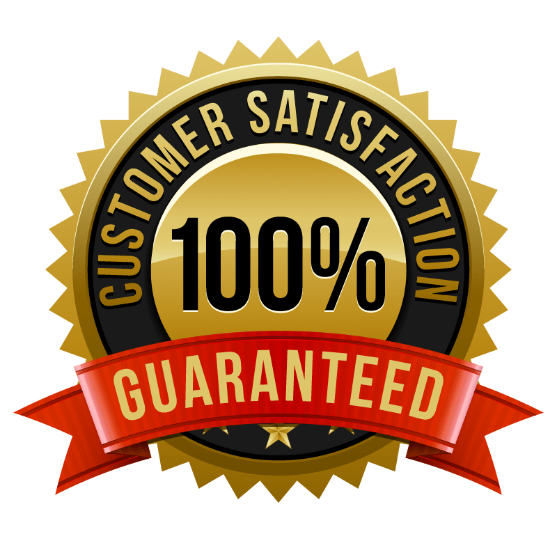 A gold customer satisfaction guaranteed label with a red ribbon for name tag pros