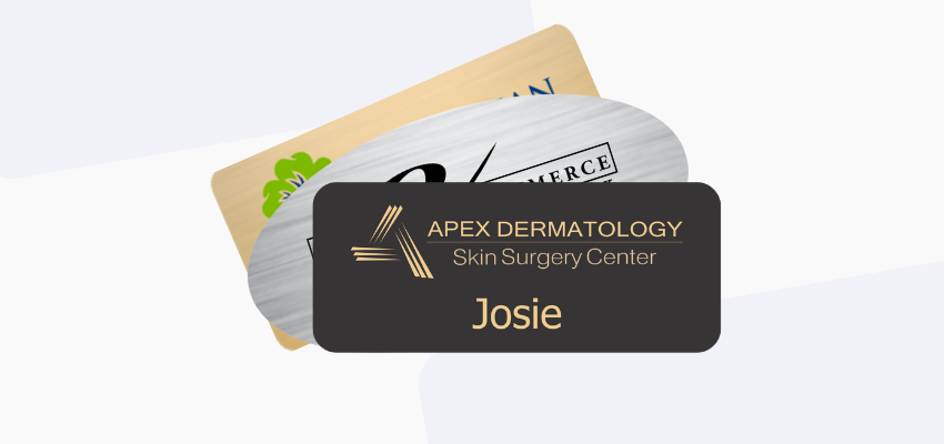 types of name tag materials including plastic and metal