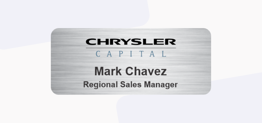 silver name tag with logo for essential businesses that need name tags