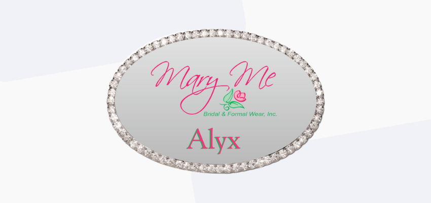 silver oval bling name tag