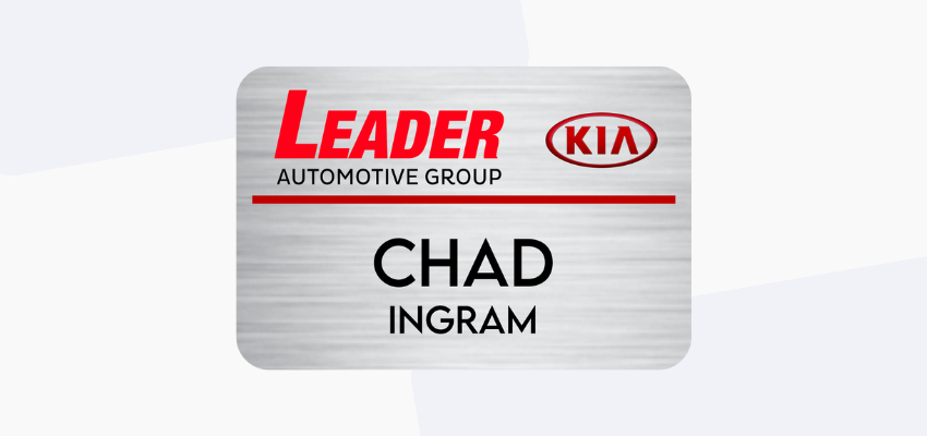 silver staff name tag with full color logo
