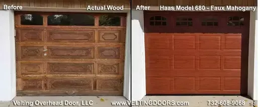 A before and after picture of a wooden garage door