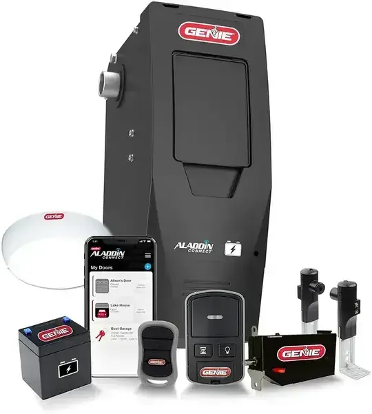 A genie garage door opener with a remote control and a cell phone.