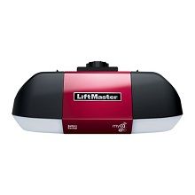 A red and black liftmaster garage door opener on a white background.