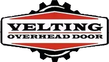 Logo for Velting Overhead Door featuring a red diamond shape with black text and a black gear icon behind it.