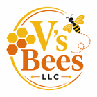 V’s Bees LLC logo with orange honeycomb, bee, and cursive gold text on white background