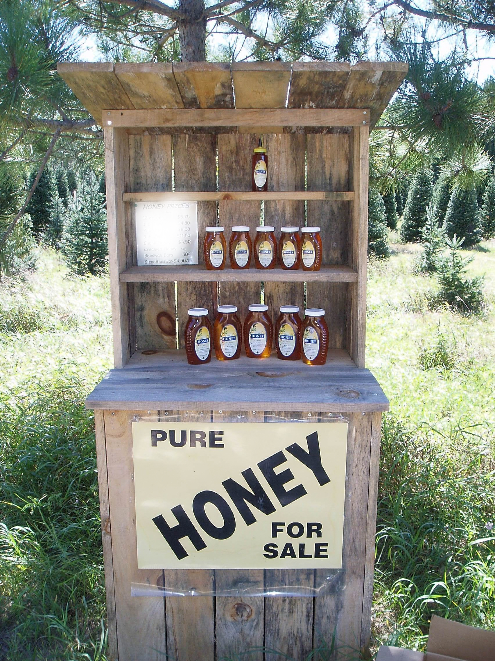 Rustic honey stand with jars on wooden shelves and a “PURE HONEY FOR SALE” sign outdoors