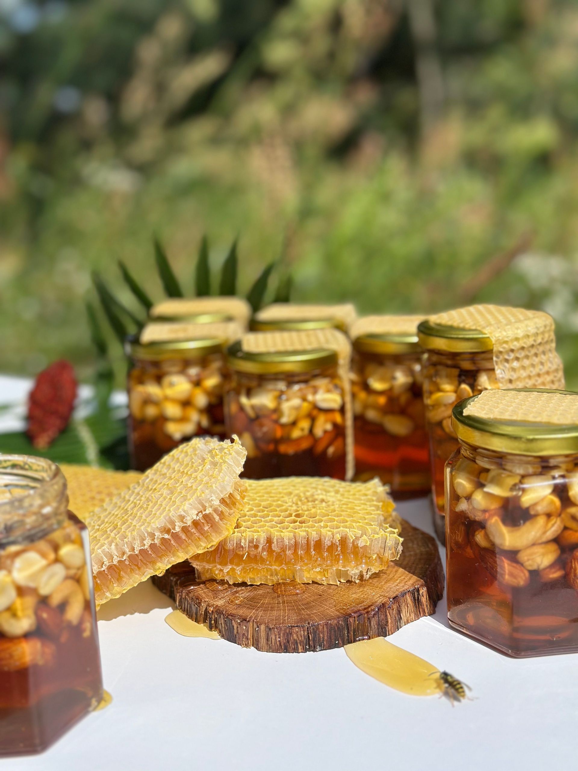 Honey jars and honeycomb with a wooden dipper arranged outdoors on a white cloth.