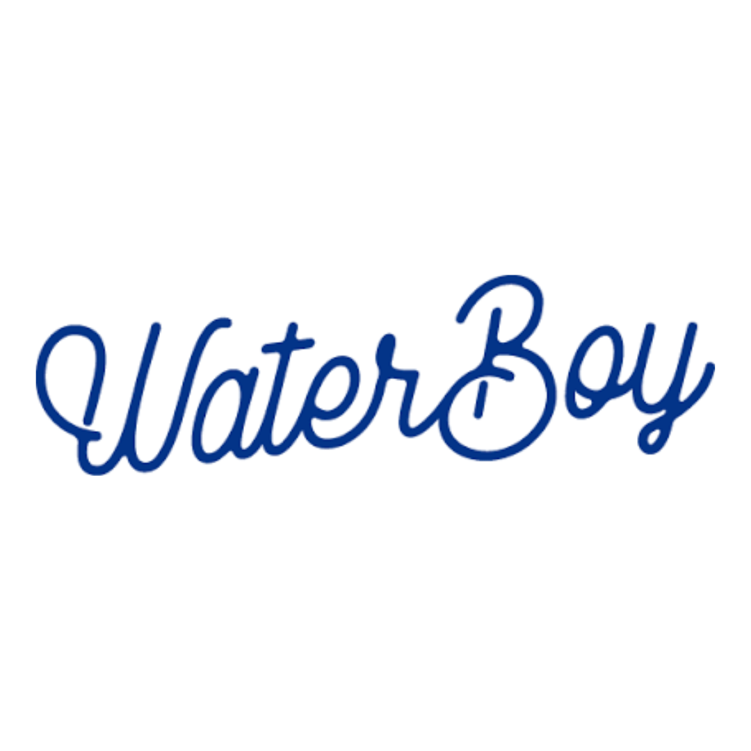 Blue script logo reading “WaterBoy” on a white background