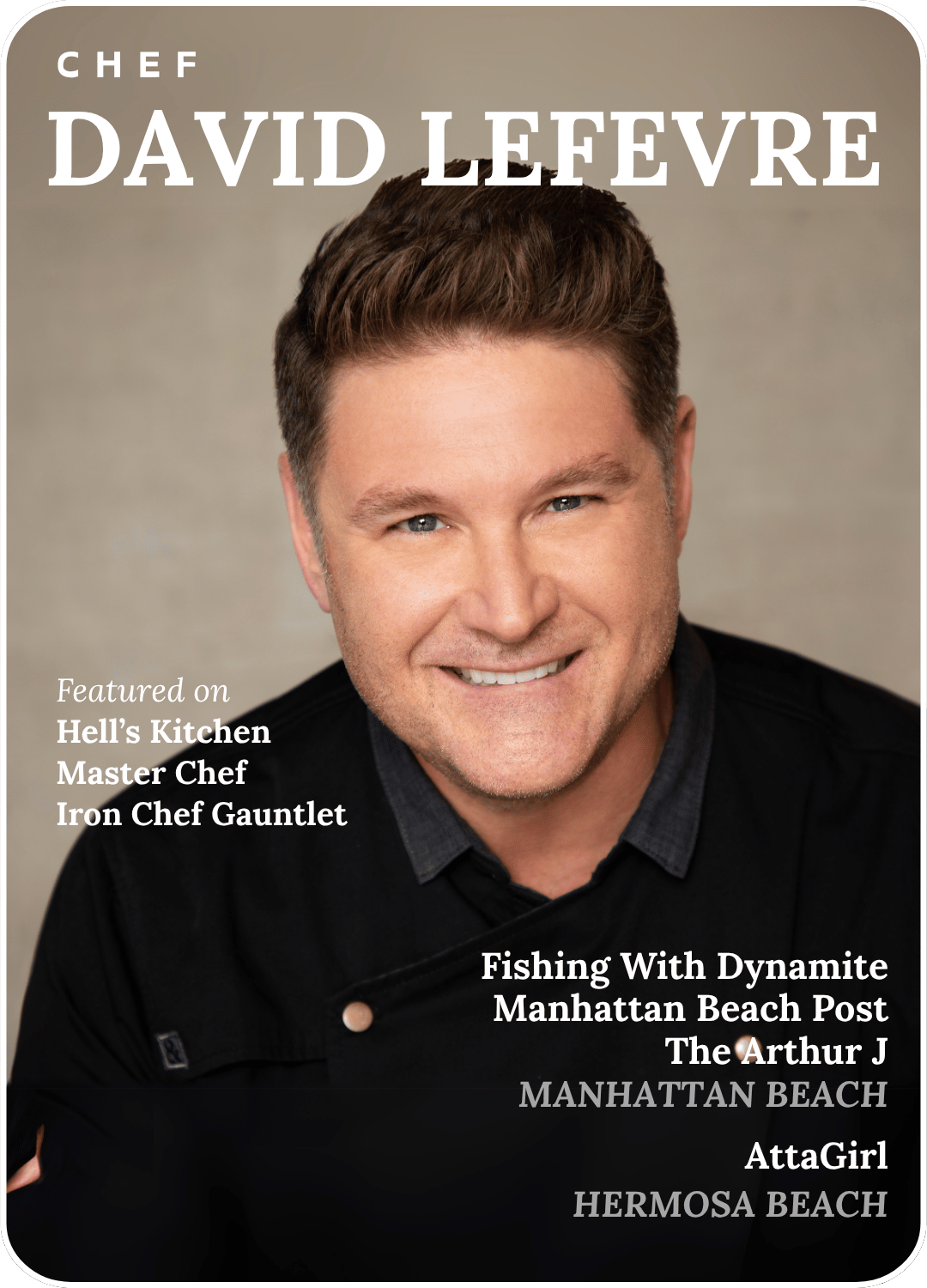 Chef David Lefevre magazine cover portrait with black jacket and headline text